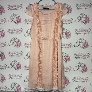Moon river dress peach pink silky satiny floral polka dot pattern ruffle frilly